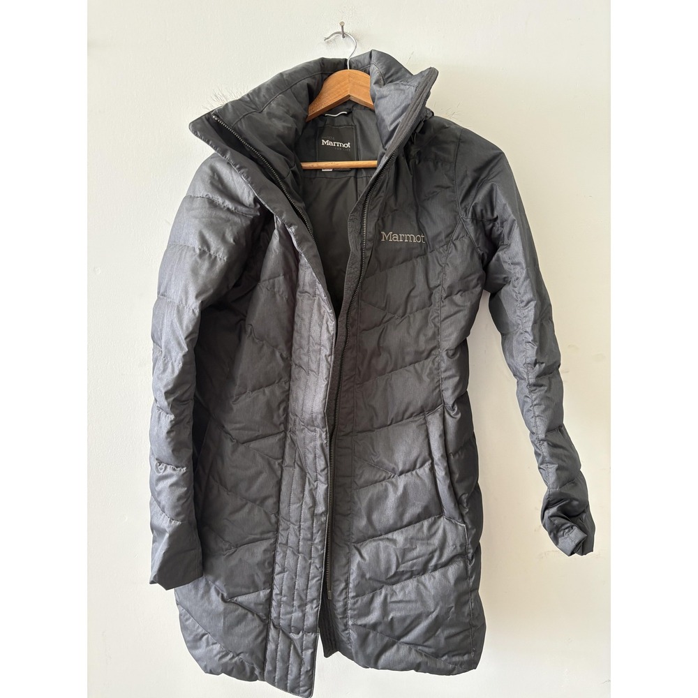 Marmot Coat Womens Small Gray 700 Fill Down Puffer Parka Faux Fur Hood Warm